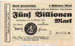 Banknote Frankenthal , 5 Billionen Mark Schein in f-kfr. Keller 1520.L , 10.10.1923 , Pfalz Großnotgeld Inflation