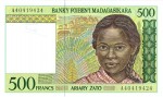 Banknote Madagaskar , 500 Francs Schein o.D. -Girl right- unc-kfr WPM.75