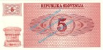 Banknote Slowenien - Slovenia , 5 Tolarjev Schein von 1990 in unc - kfr