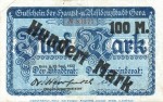 Banknote Stadt Gera , 100 Mark Schein Überdruck in gbr. , Müller 1655.1 von 1922 , Thüringen Großnotgeld
