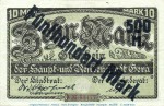 Banknote Stadt Gera , 500 Mark Schein Überdruck in gbr. , Müller 1655.2 von 1922 , Thüringen Großnotgeld