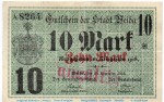 Banknote Stadt Weida , 10 Mark Schein in gbr.E Geiger 540.02.b , von 1918 , Thüringen Großnotgeld