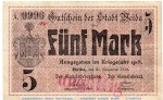 Banknote Stadt Weida , 5 Mark Schein in gbr.E Geiger 540.01 , von 1918 , Thüringen Großnotgeld