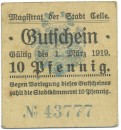 Notgeld Celle , Niedersachsen , Einzelschein über 10 Pfennig , Tieste 1115.01 , von 1917 , Verkehrsausgabe