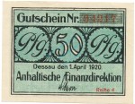 Dessau , Notgeld 50 Pfennig Schein unc-kfr. Tieste 1340.05.11 SA 1920 Verkehrsausgabe -4090-