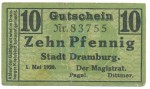 Dramburg , Notgeld 10 Pfennig Schein gbr. Tieste 1470.05.10 , POM 1920 Verkehrsausgabe -4154-