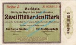 Dresden , Notgeld 2 Milliarden Mark Schein in L-gbr. Bühn 1130.19 , Sachsen 1923 Inflation