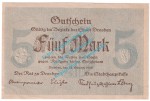 Dresden , Notgeld 5 Mark Schein in kfr. Bühn 1130.3 , Sachsen 1918 Grossnotgeld