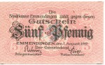 Emmendingen , Notgeld 5 Pfennig Schein unc-kfr. Ti.1705.05.30 , Baden 1917 Verkehrsausgabe