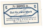 Hamburg , Fremdenblatt Broscheck Notgeld 2 Mark in kfr. M-G 530.1 , Hamburg o.D. Seriennotgeld