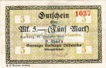 Harburg , Banknote 5 Mark Schein gbr.E Geiger 221.03 , Niedersachsen 1918 Grossnotgeld