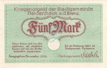 Heidenheim , Banknote 5 Mark Schein unc-kfr. Geiger 227.01.b , Würrtemberg 1918 Grossnotgeld