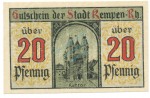Kempen , Notgeld 20 Pfennig Schein unc-kfr. Tieste 3460.05.15 , RHL 1920 Verkehrsausgabe -4059-