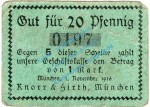 München , Notgeld 20 Pfennig -Knorr- in gbr. Tieste 4680.0920.05 , Bayern 1916 Verkehrsausgabe