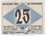 Notgeld Astoria Diele Rüstringen 1150.1 , 25 Pfennig Schein in kfr. von 1921 , Niedersachsen Seriennotgeld