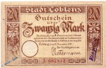Notgeld Coblenz , 20 Mark Schein in kfr. E , Geiger 082.03.a , 15.11.1918 , Rheinland Großnotgeld