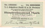 Notgeld Franke Werke Bremen , 100.000 Mark Schein in kfr. Keller 585.b von 1923 , Niedersachsen Inflatio
