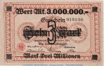 Notgeld Handelskammer Osnabrück , 3 Millionen Mark Schein in kfr. Keller 4207.c o.D. Niedersachsen Inflation
