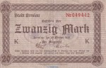 Notgeld Stadt Breslau , 20 Mark Schein in gbr. Geiger 068.24 von 1918 , Schlesien Großnotgeld