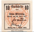 Notgeld Stadt Exin 1830.05.50 , 10 Pfennig Schein in kfr. von 1917 , Posen Verkehrsausgabe