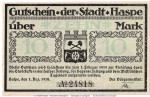 Notgeld Stadt Haspe , 10 Mark Schein in kfr. Geiger 224.02 von 1918 , Westfalen Grossnotgeld
