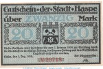 Notgeld Stadt Haspe , 20 Mark Schein in kfr. Geiger 224.03 von 1918 , Westfalen Grossnotgeld