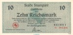 Notgeld Stadt Stuttgart , 10 Reichsmark Schein in kfr. von 1945 , Württemberg Notgeld 1945-48