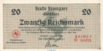 Notgeld Stadt Stuttgart , 20 Reichsmark Schein in kfr. von 1945 , Württemberg Notgeld 1945-48