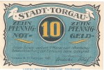 Notgeld Stadt Torgau 1331.1 , 10 Pfennig Schein -dunkelblau- in kfr. von 1921 , Sachsen Seriennotgeld
