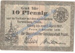 Posen , Notgeld 10 Pfennig Schein in gbr. Tieste 5715.50.03 , Posen 1916 Verkehrsausgabe
