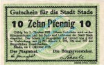 Stade , Notgeld 10 Pfennig Schein in kfr. Tieste 7040.05.05 , Niedersachsen 1918 Verkehrsausgabe