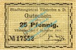 Vilshofen , Notgeld 25 Pfennig Schein in gbr. Tieste 7610.05.10 , Bayern 1916 Verkehrsausgabe