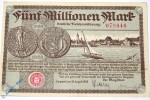 Zoppot ,  Danzig , Banknote über 5 Millionen Mark , Deutsche Reichswährung , 13.08.1923 , in fast kassenfrischer Erhaltung